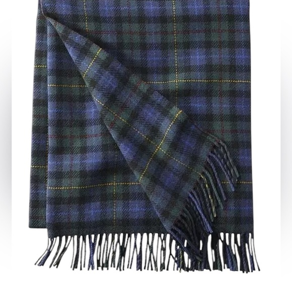 LL Bean x Pendleton Washable Wool Fringe Throw Blanket Navy Green Smith Plaid - Picture 1 of 7